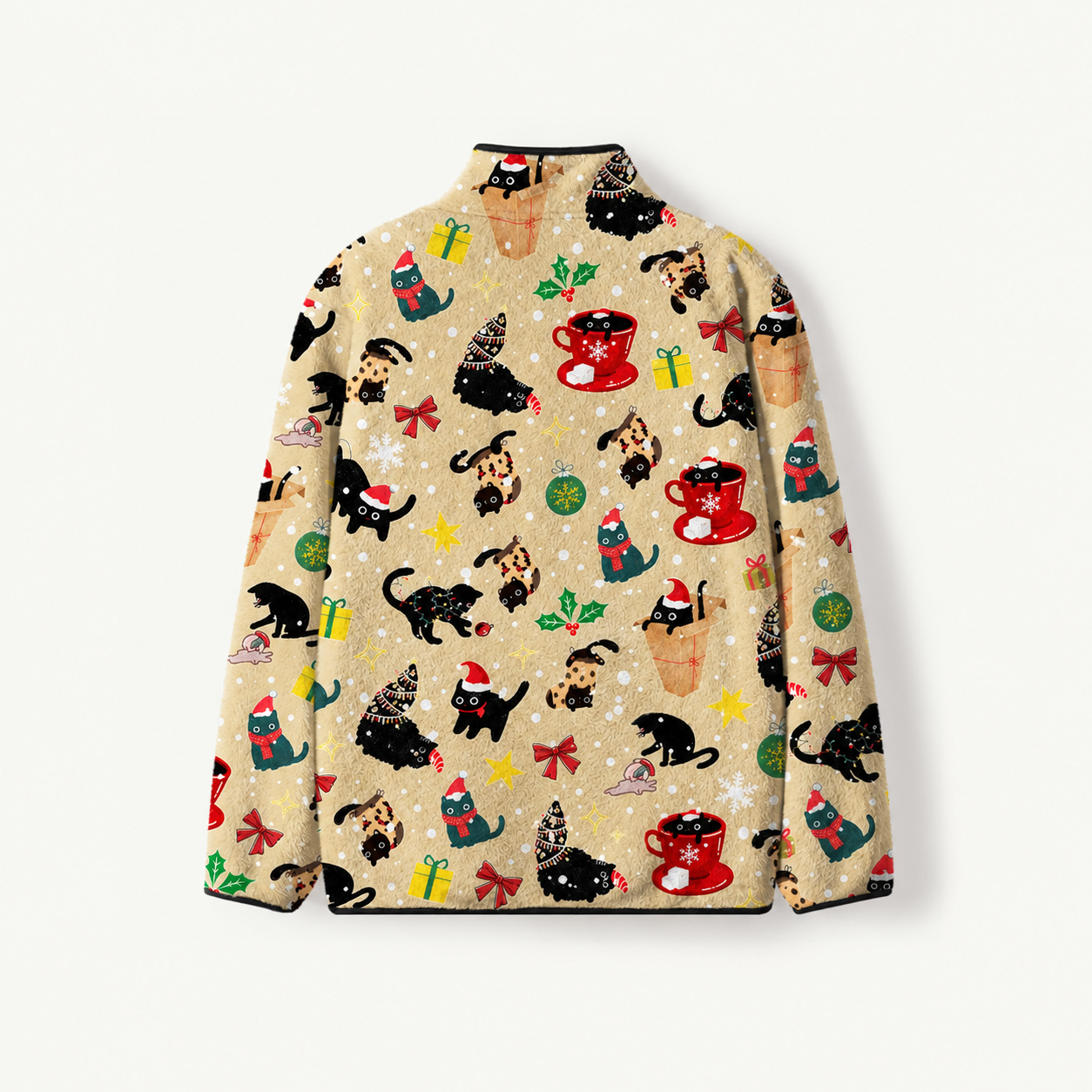 Playful Christmas Black Cats Print Fleece Jacket
