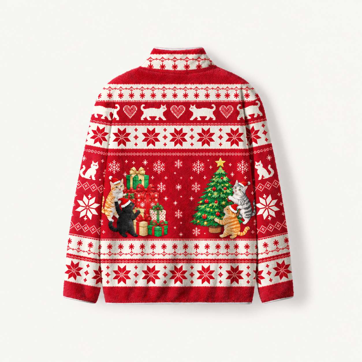Cozy Red Cat Print Fleece Jacket
