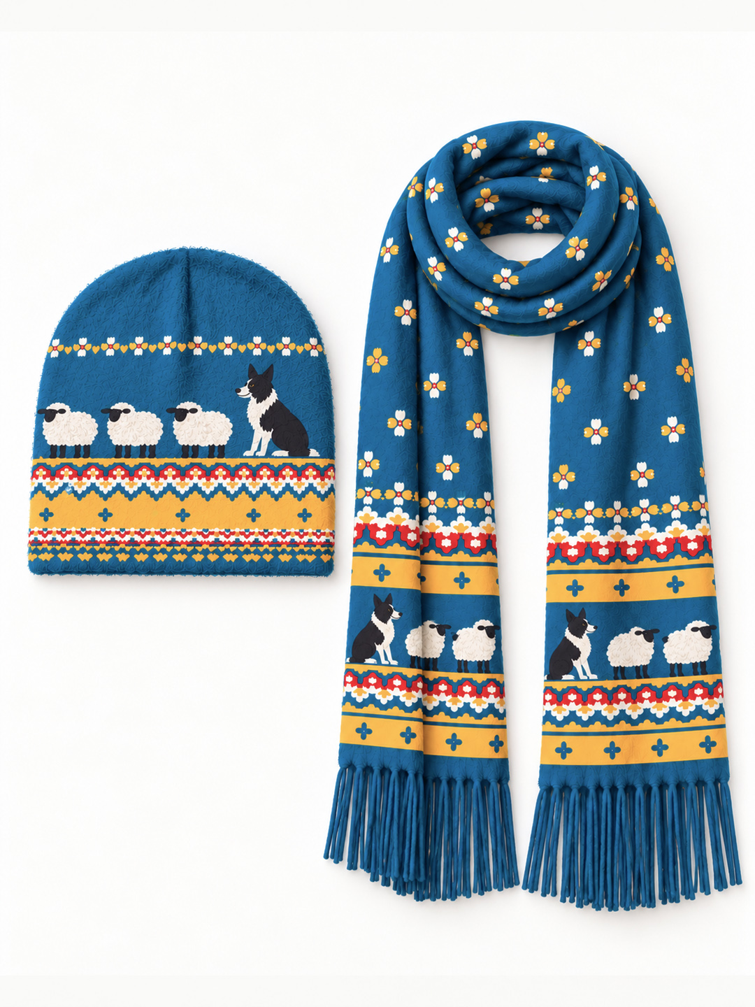 Pastoral Sheep & Sheepdog Beanie Scarf & Fingerless Gloves Set