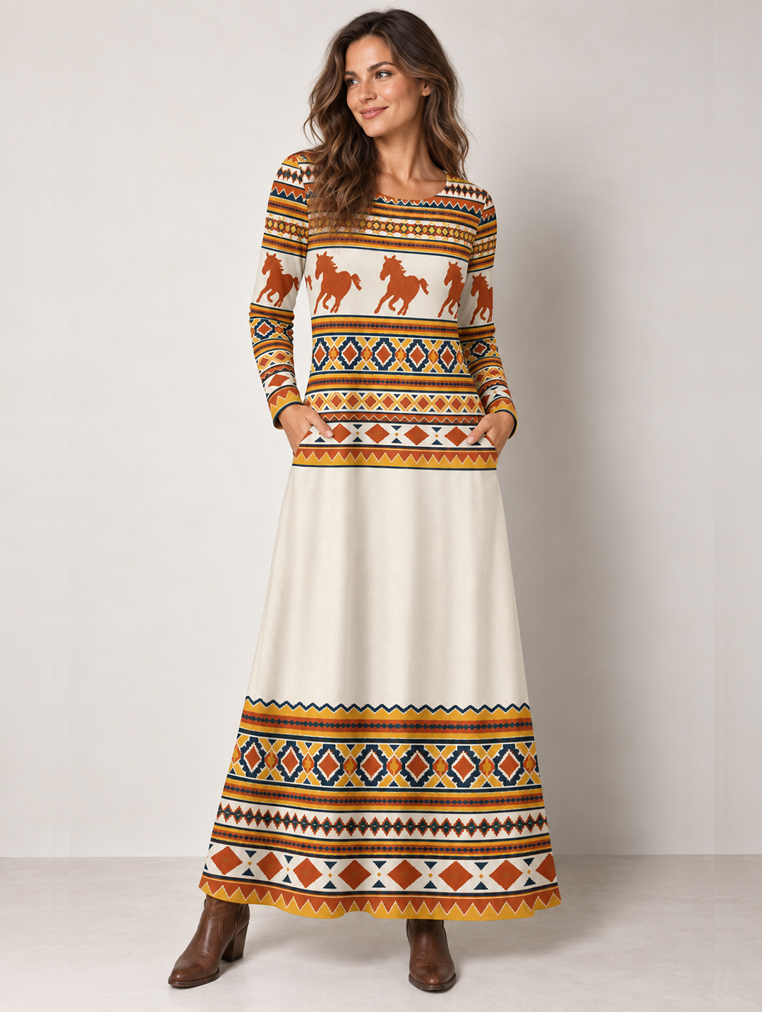 Running Horses Geometric Pattern Knit Long Sleeve Maxi Dress with Pockets