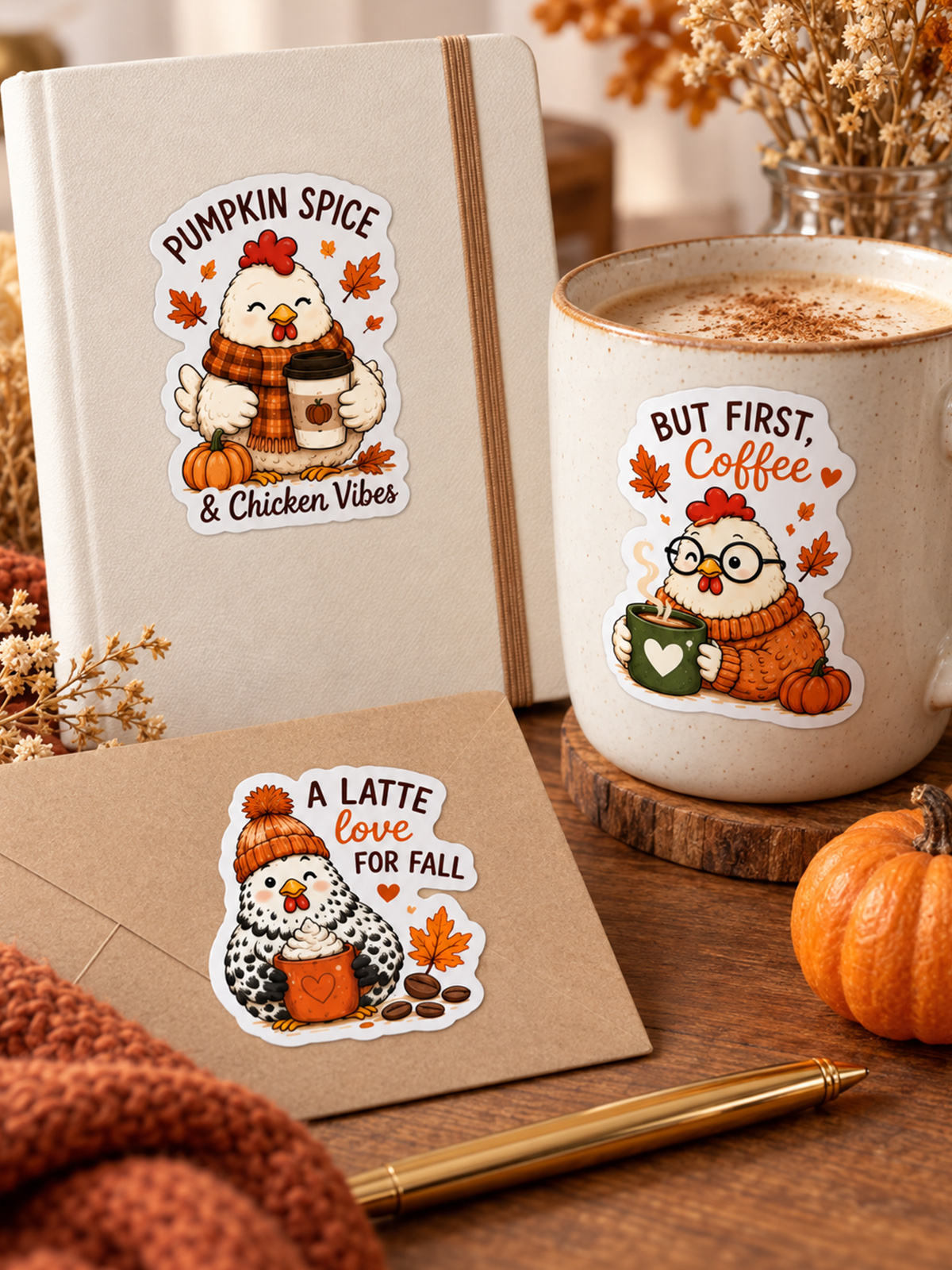 Cozy Fall Coffee Chickens Stickers