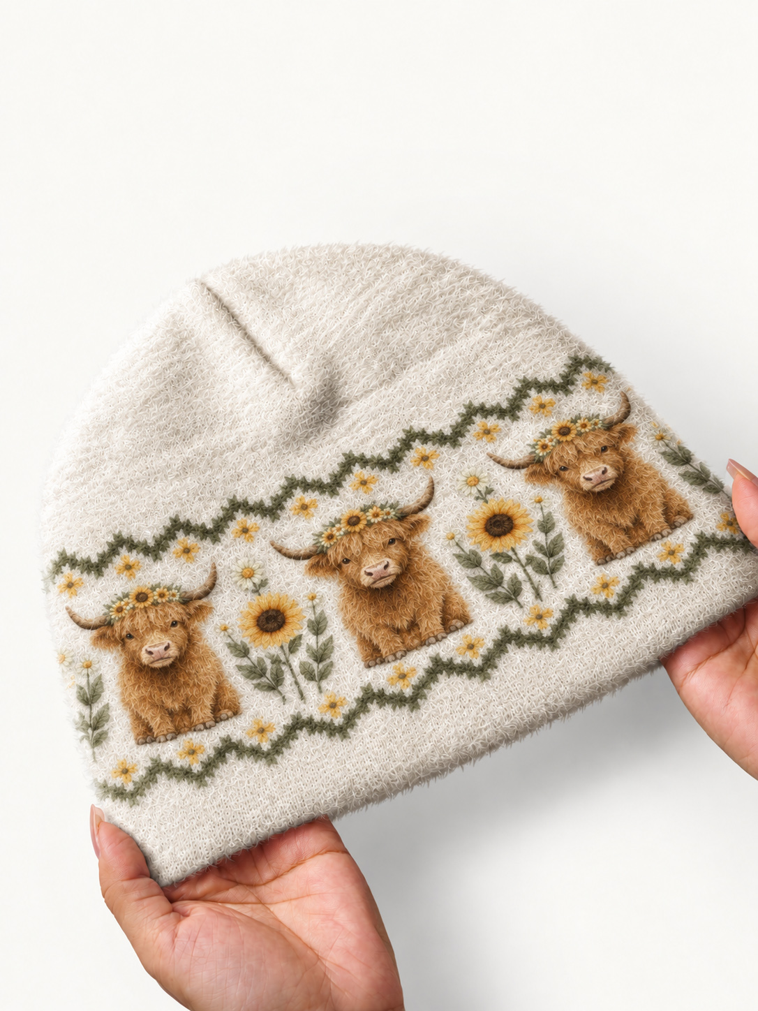 Spring Highland Cow Floral Cozy Fuzzy Beanie