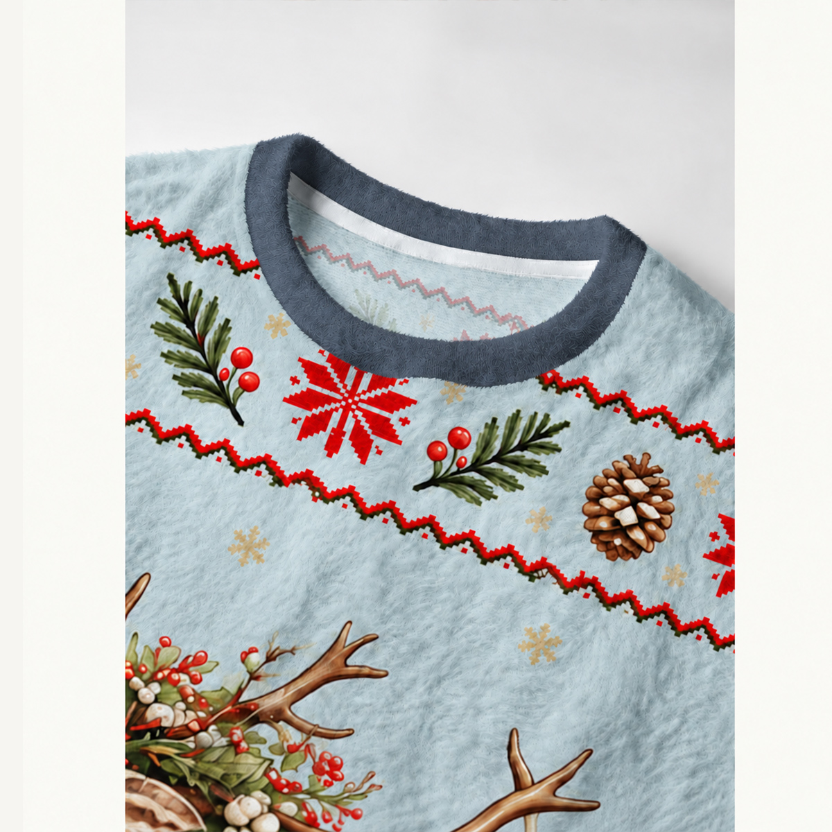 Christmas Holly-Crowned Reindeer Fuzzy Crewneck Sweater