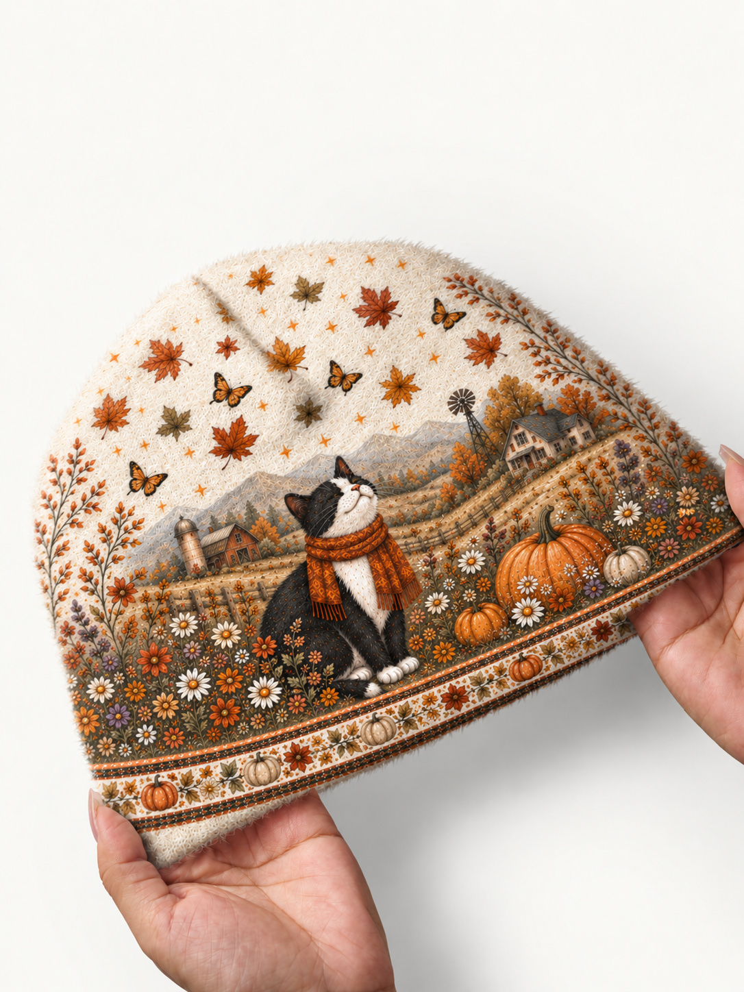 Autumn Pumpkin Field Black Cat Cozy Fuzzy Beanie
