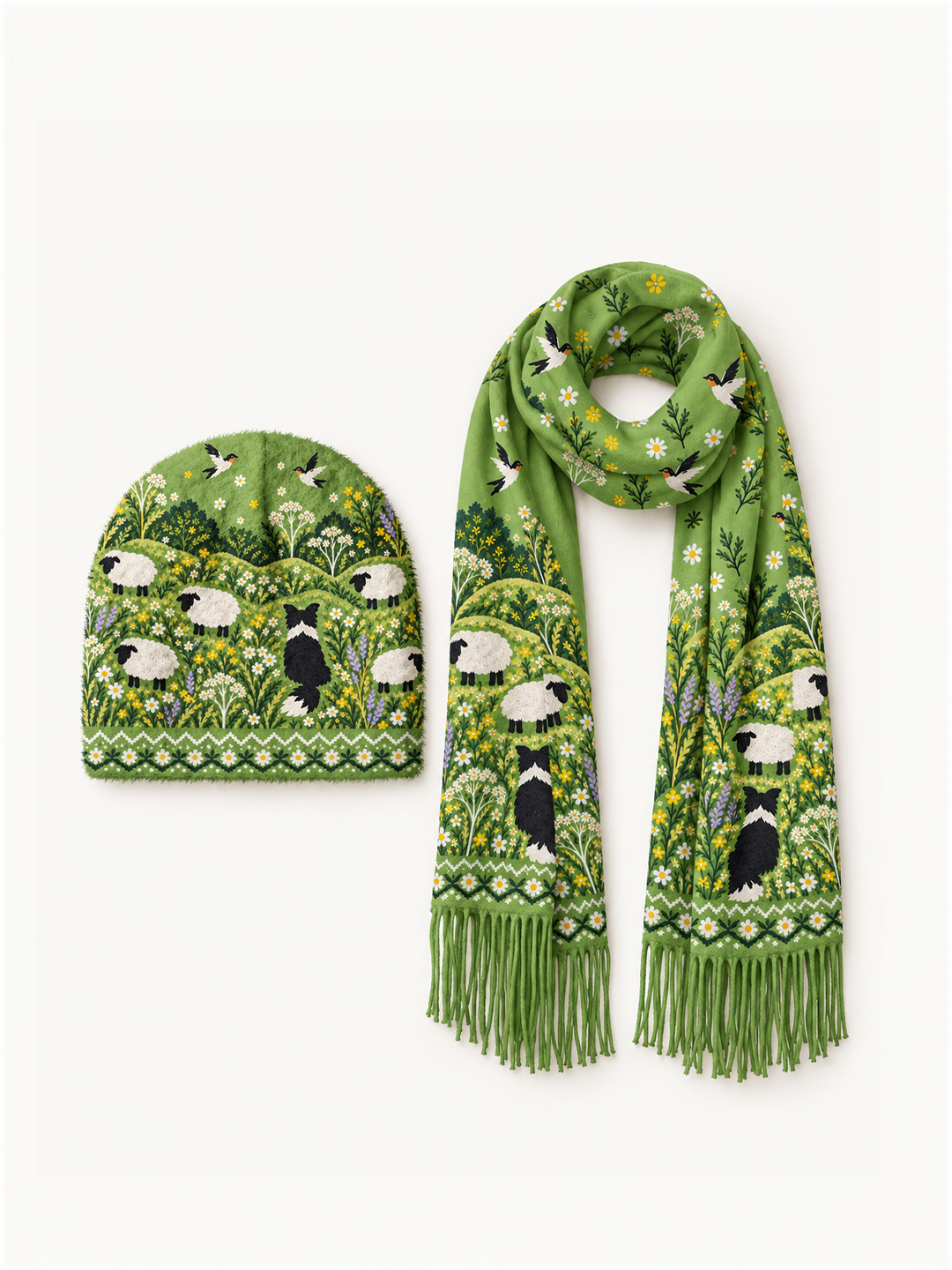 Sheep Herding Dog Beanie Scarf & Fingerless Gloves Set