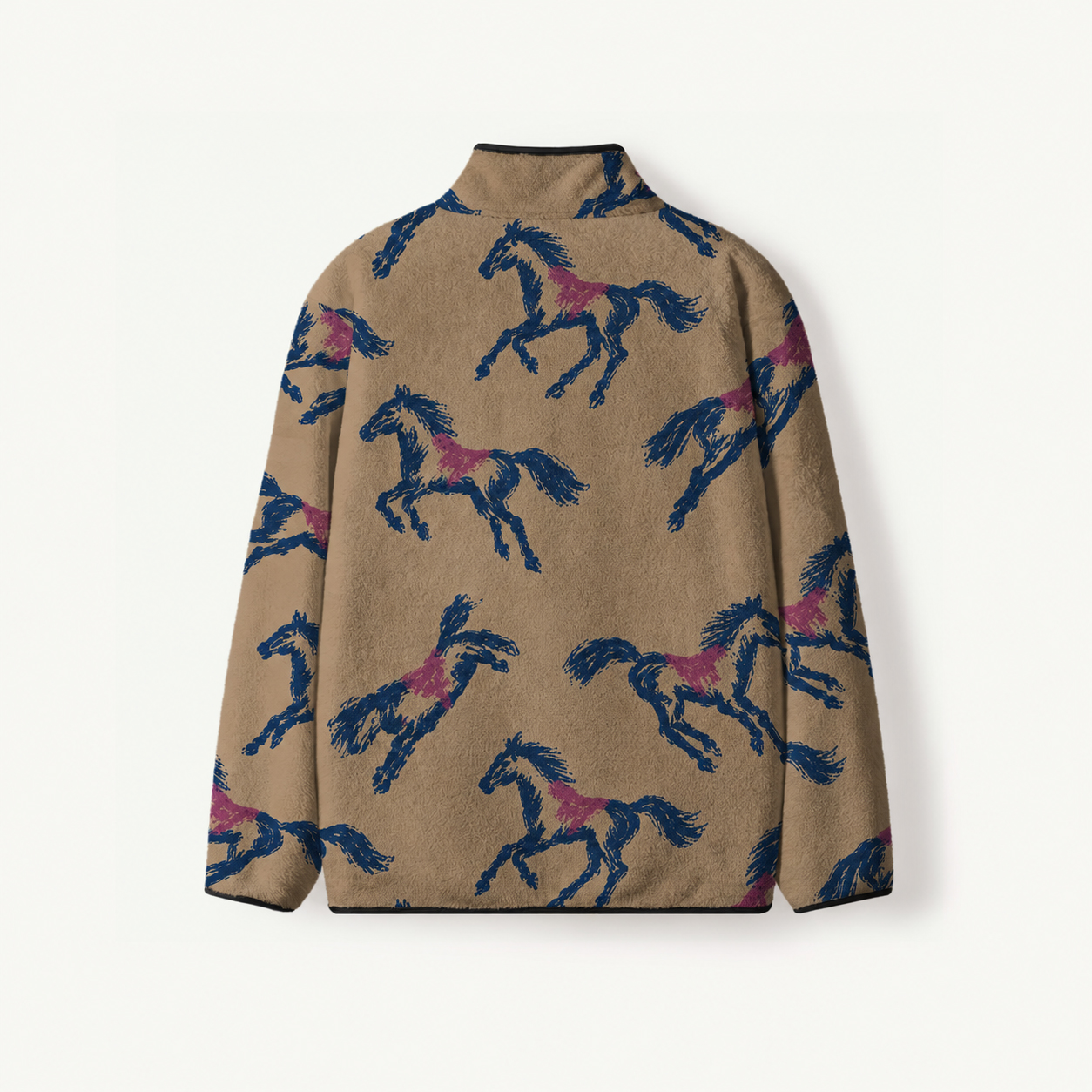 Brown Galloping Horse Print Fleece Jacket