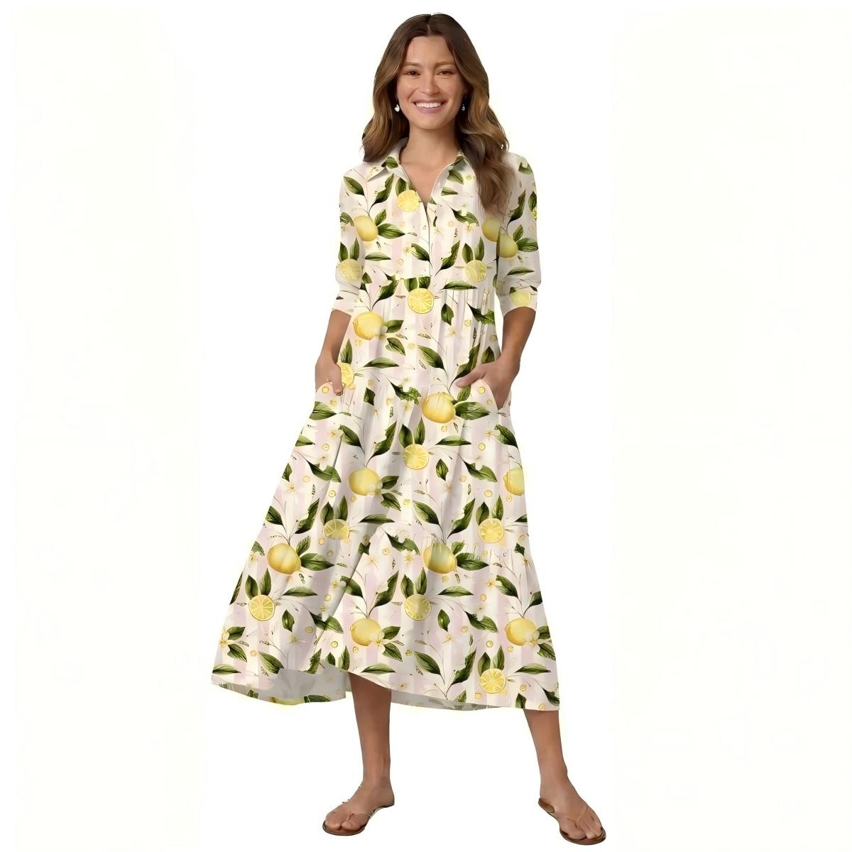 Lemon Grove Sunshine Print Casual Midi Dress With Pockets