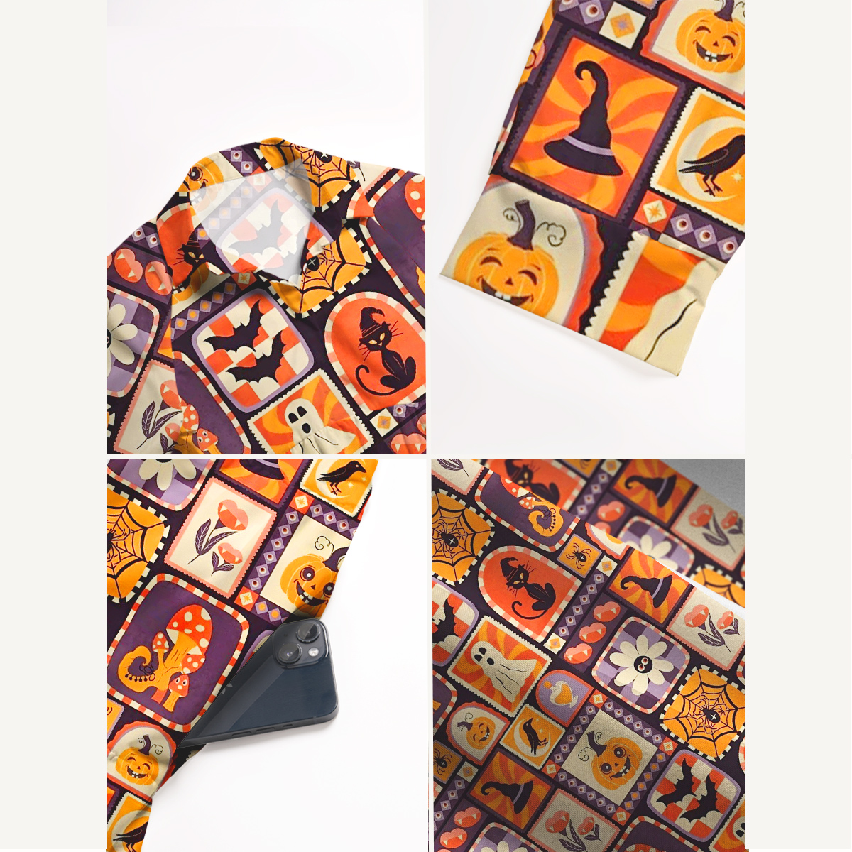 Retro Spooky Pumpkin Cat & Ghost Patchwork Print Casual Midi Dress With Pockets