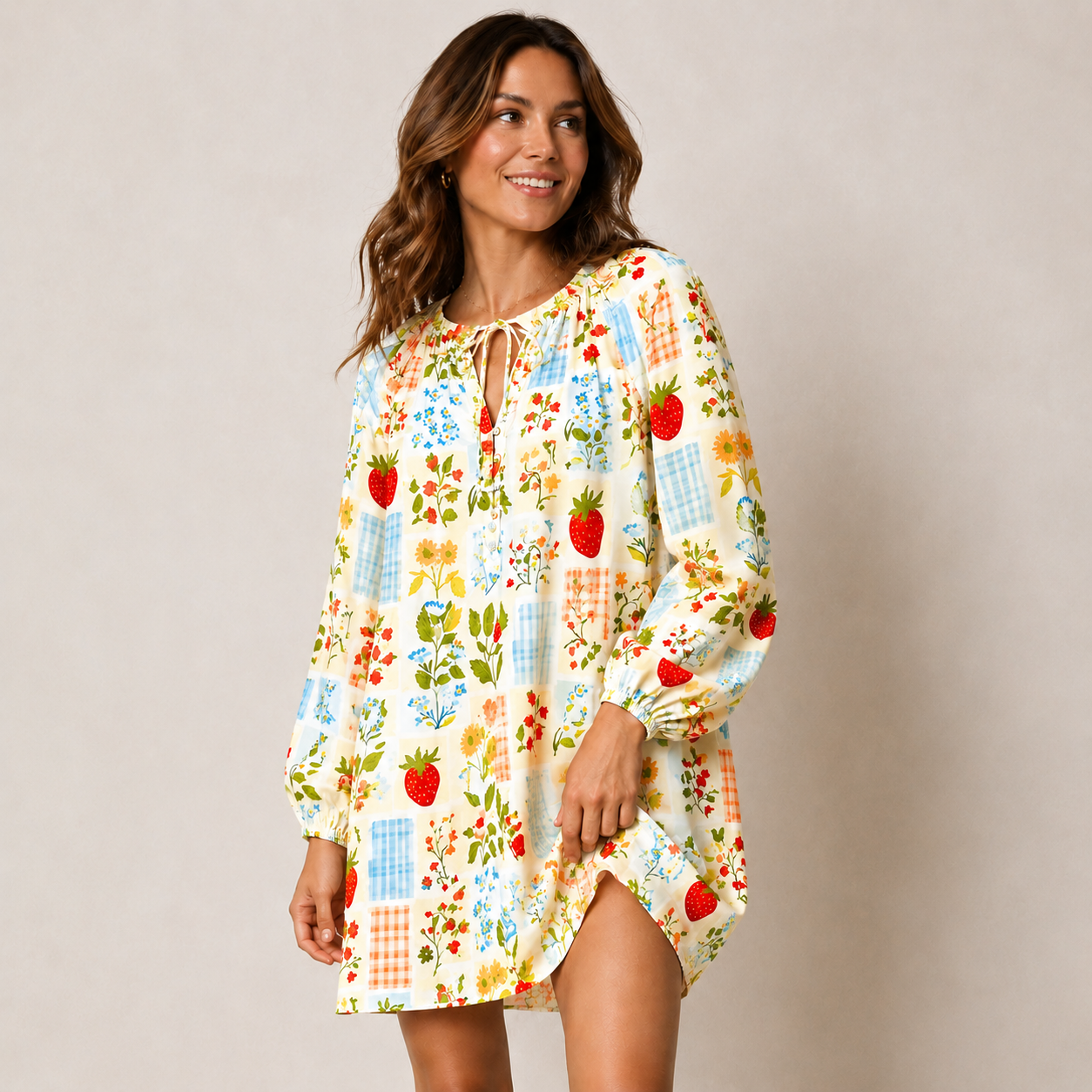 Strawberry Garden Patchwork Print Boho Tie‑Neck Smock Mini Dress
