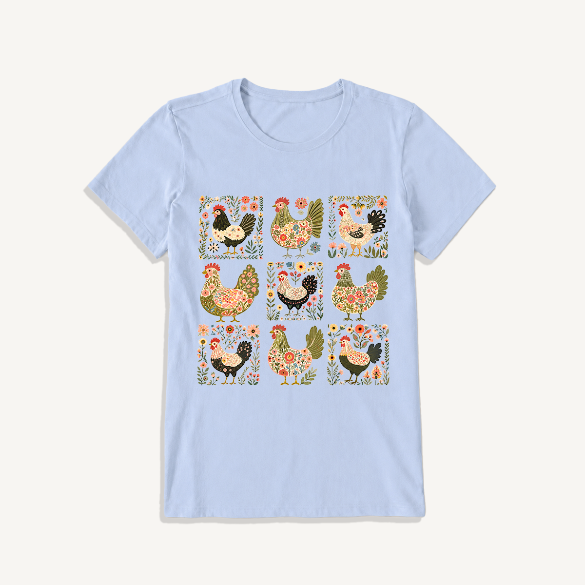 Folk Hen Grid Print Crew Neck Cotton Tee