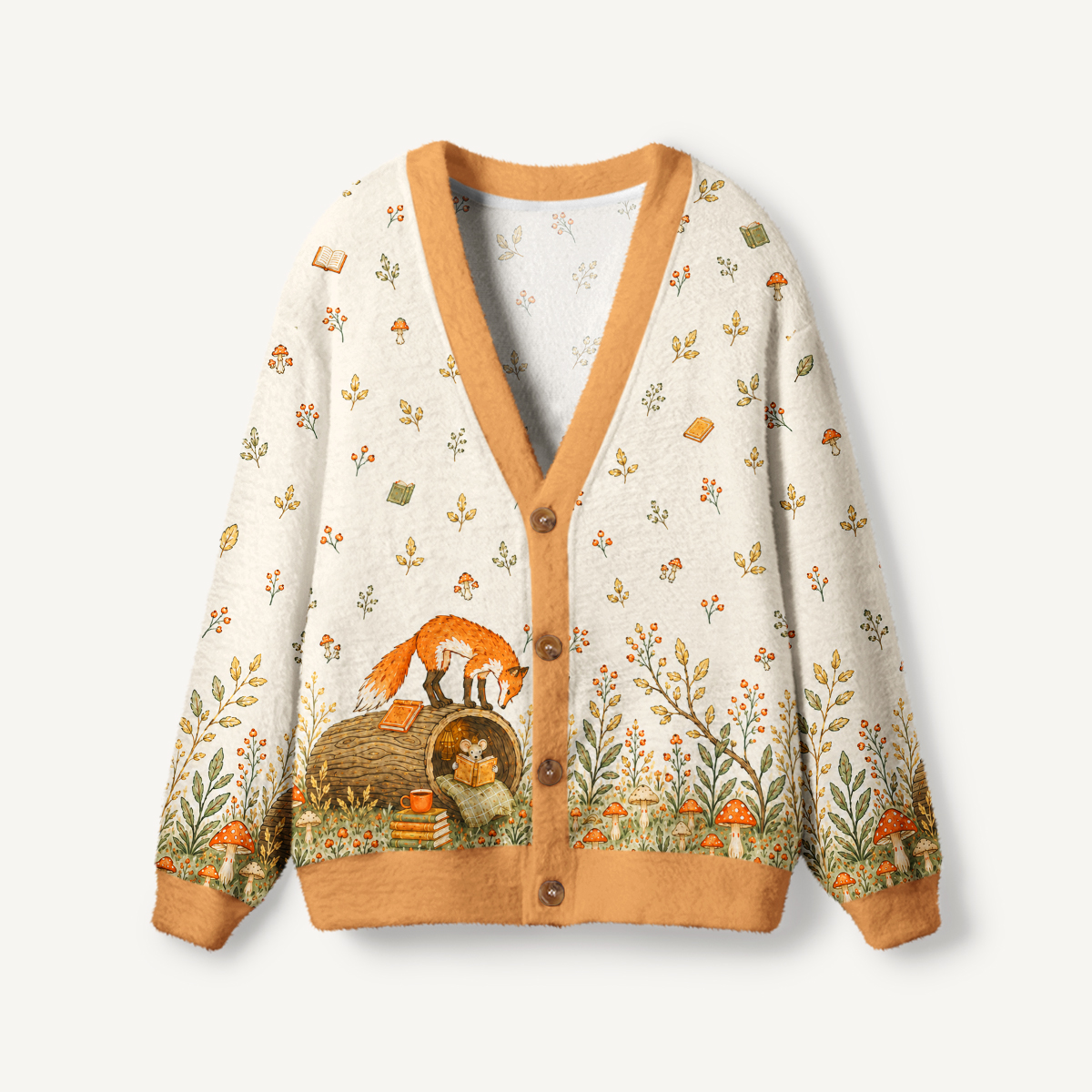 Cozy Woodland Fox Print Ugly Cardigan Sweaters
