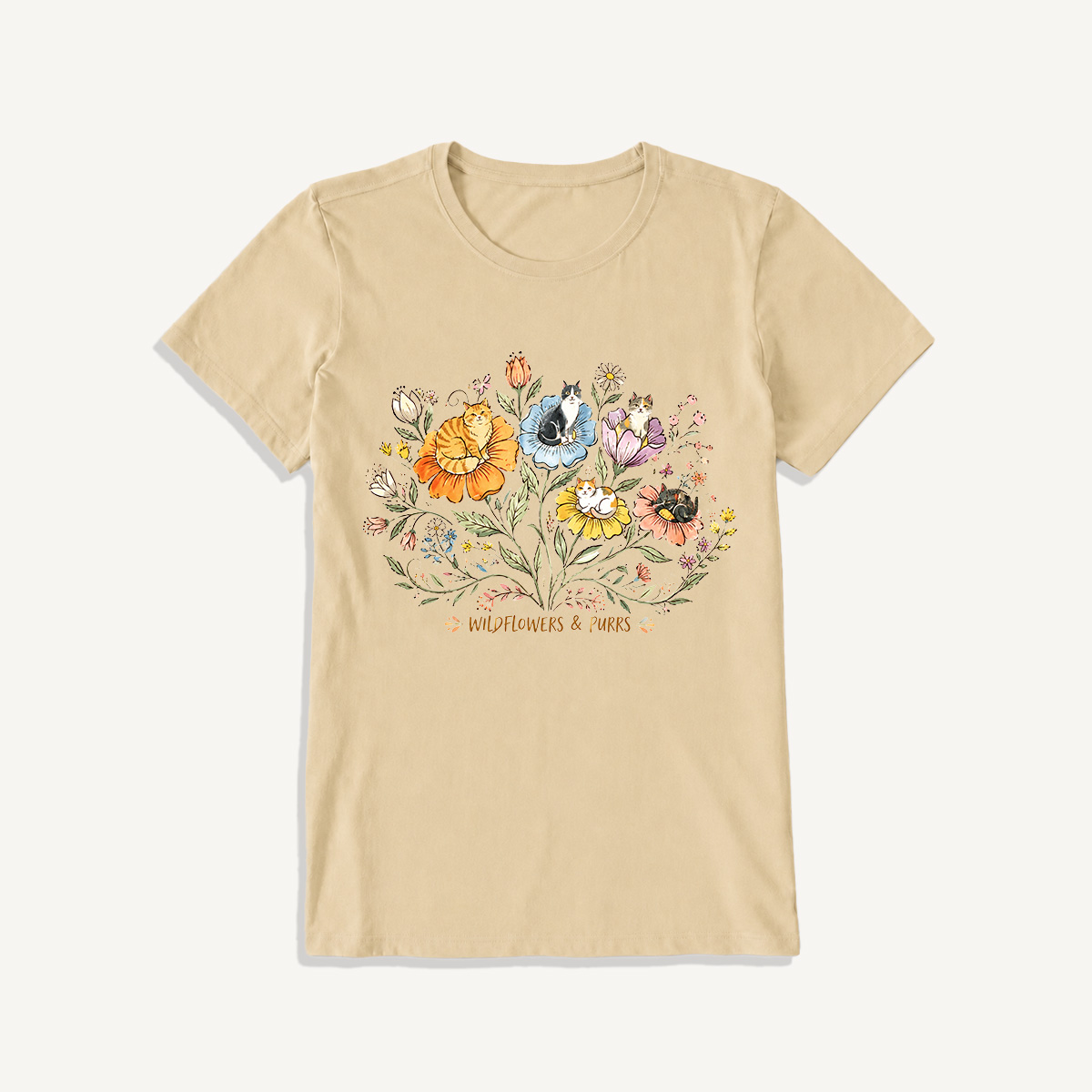 Wildflowers And Purrs Bloom Print Crew Neck Cotton Tee