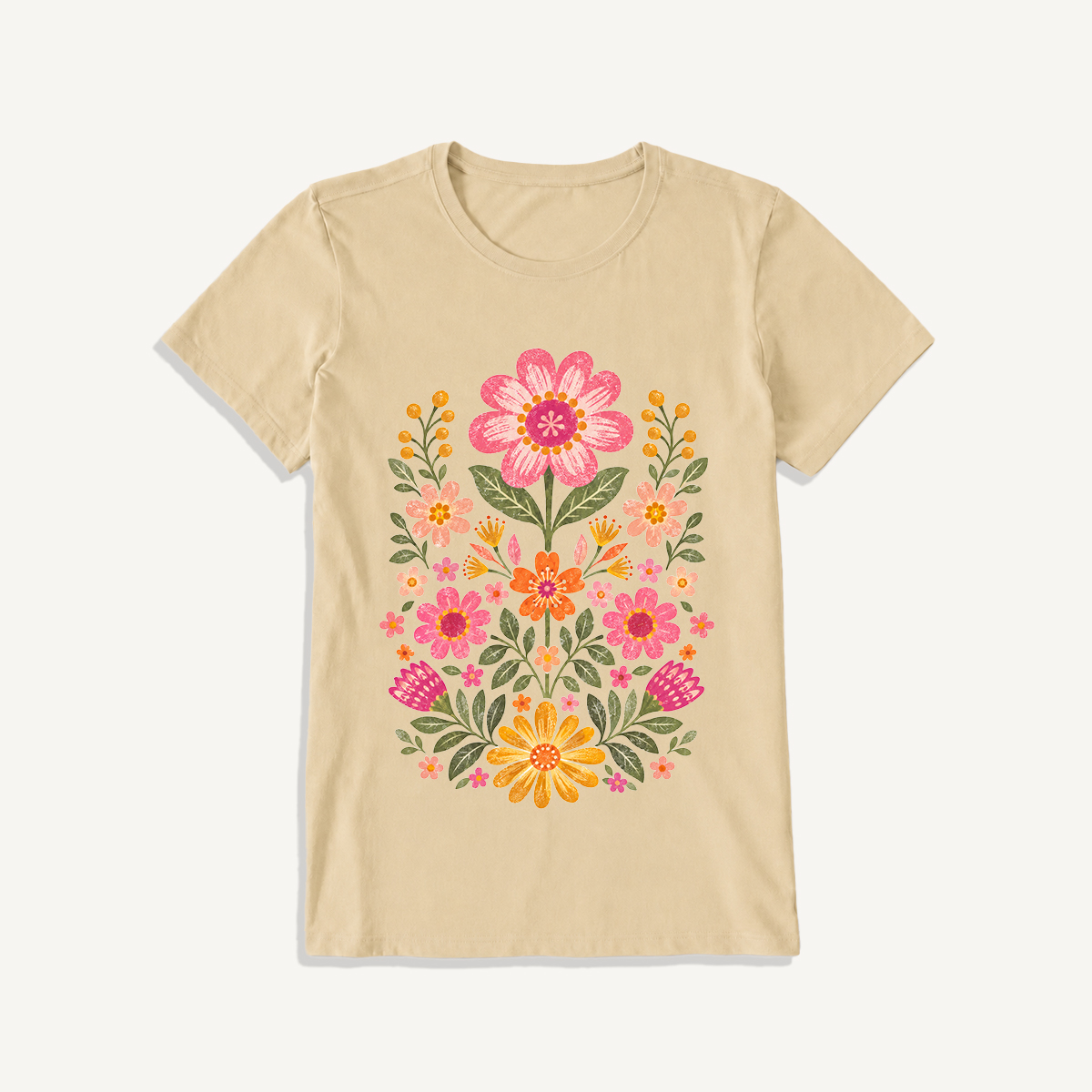 Retro Folk Garden Bloom Print Crew Neck Cotton Tee