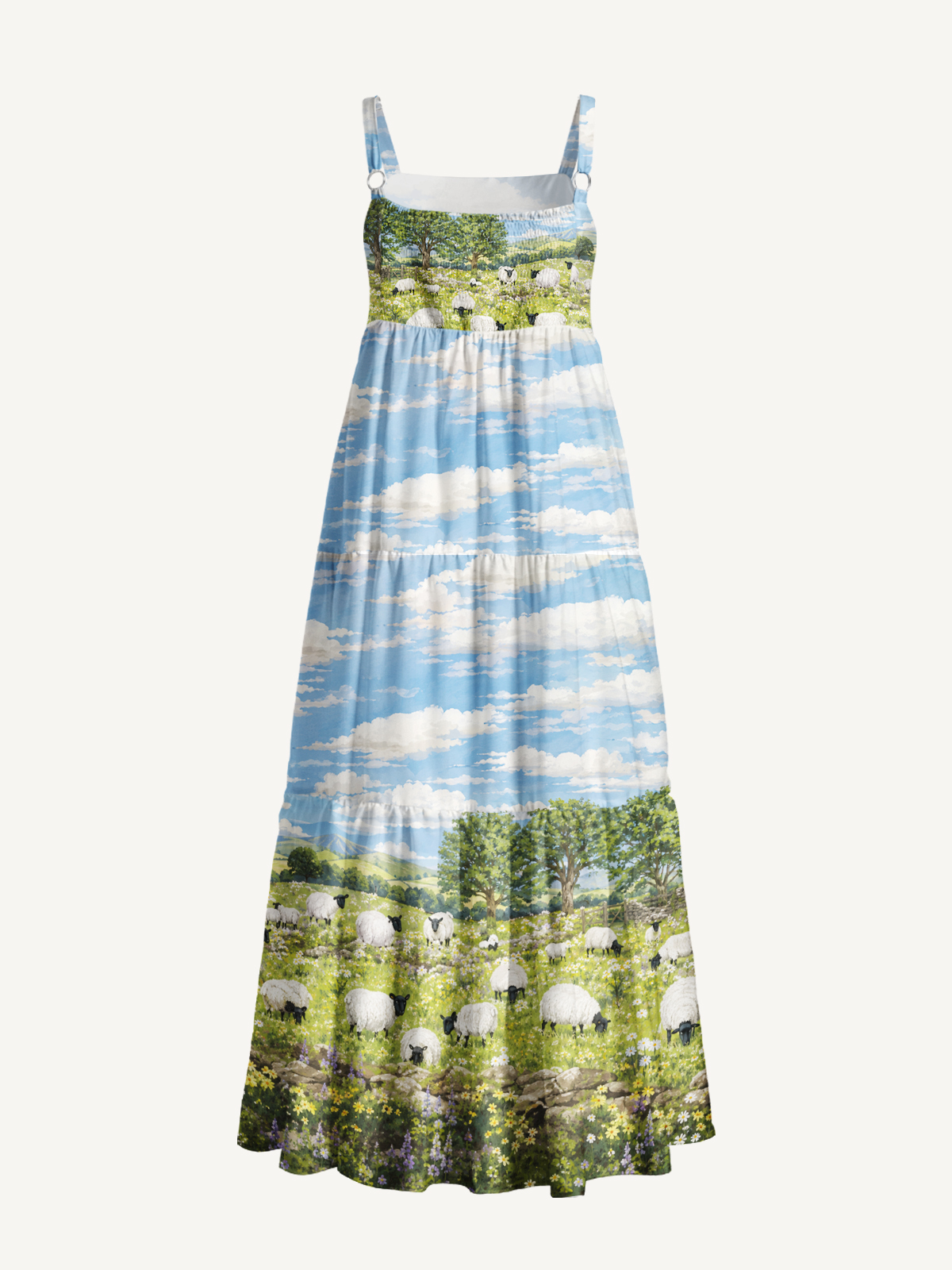 Pasture Sheep Sky Print Wide Straps Maxi Dress With Pockets