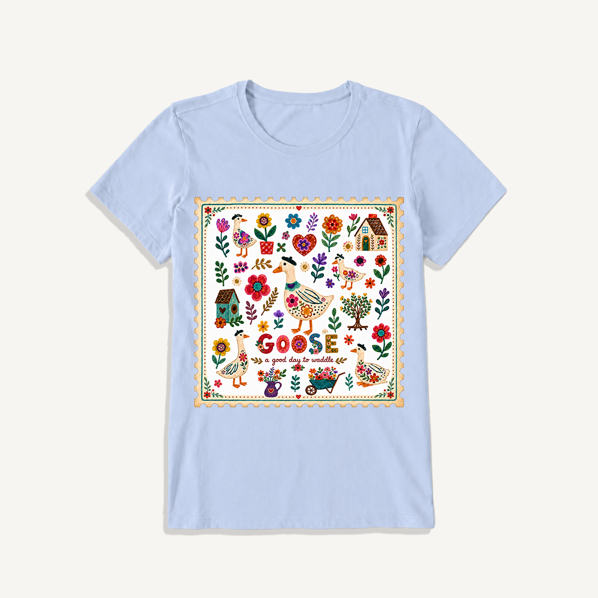 Floral Goose Garden Print Crew Neck Cotton Tee