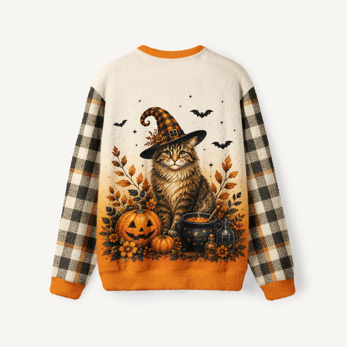 Cozy Plaid Halloween Witch Cat Fuzzy Crewneck Sweater