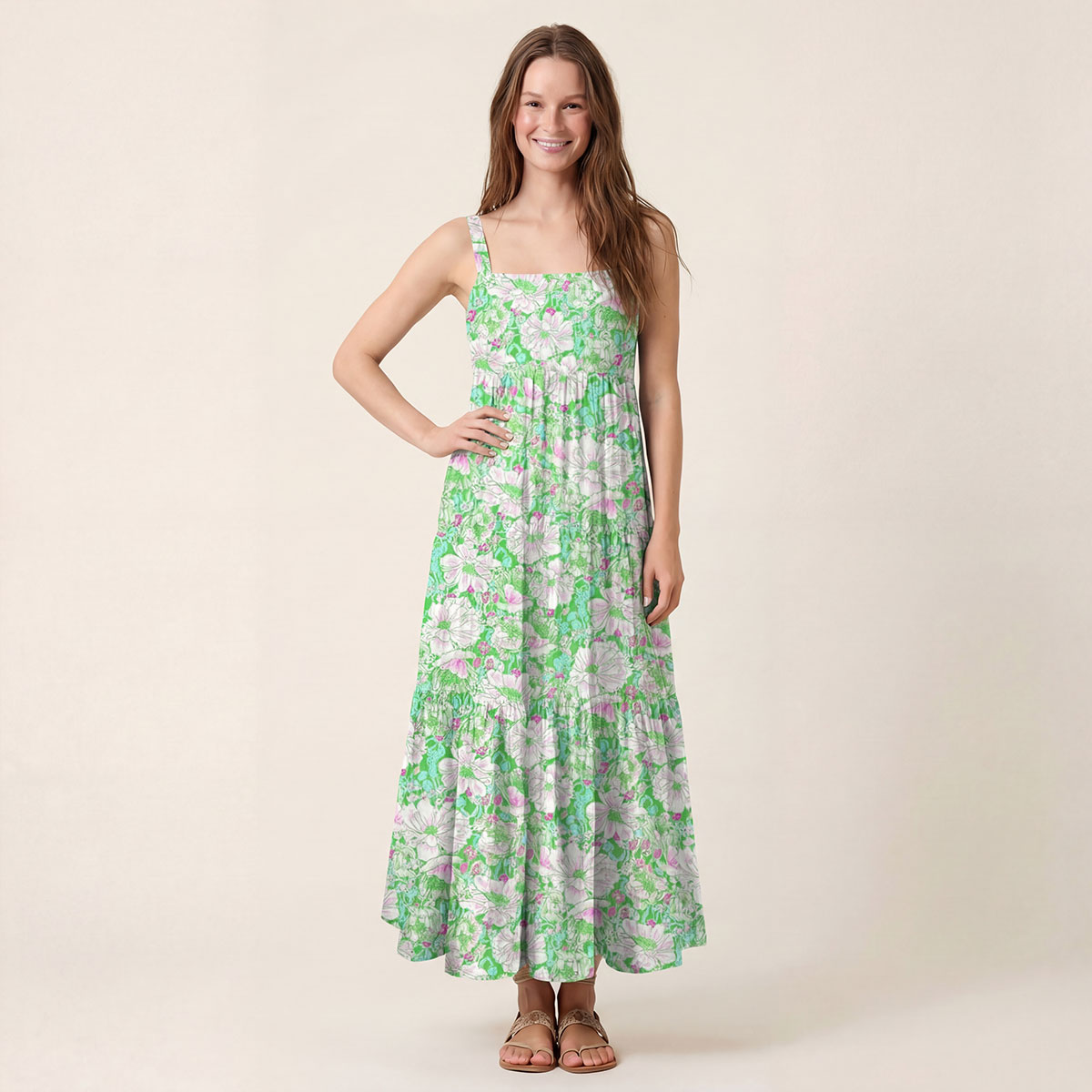 Square Neck Mint Garden Print Slip Dress