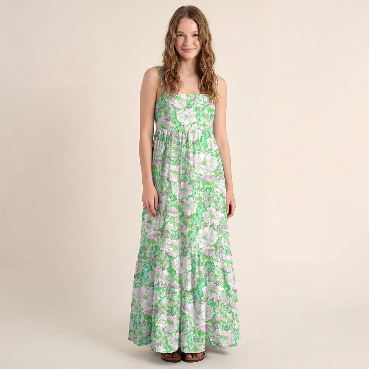 Square Neck Mint Garden Print Slip Dress