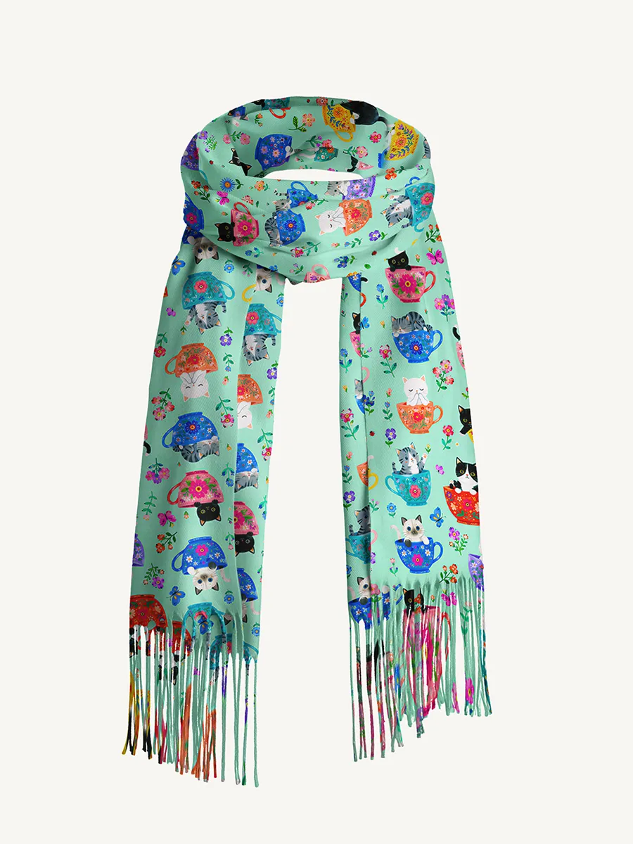 Cute Teacup Kitten Beanie Scarf & Fingerless Gloves Set