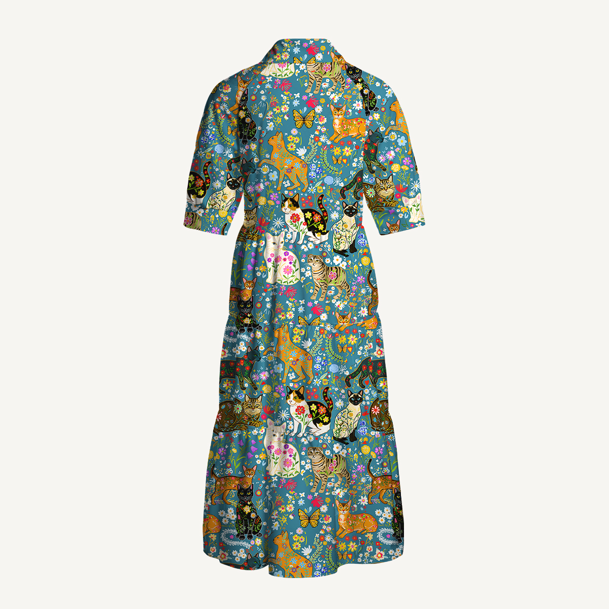 V Neck Collared Colorful Garden Cat Midi Dress For Women With Pockets