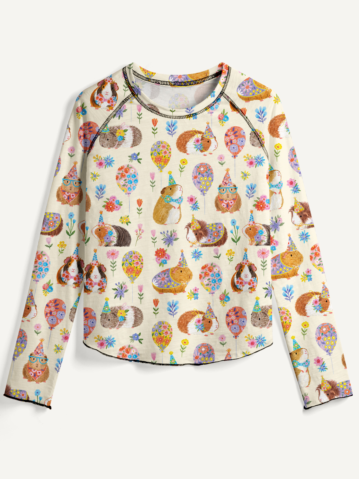 Guinea Pig Garden Party All-Over Print Cotton Raglan Long Sleeve Top