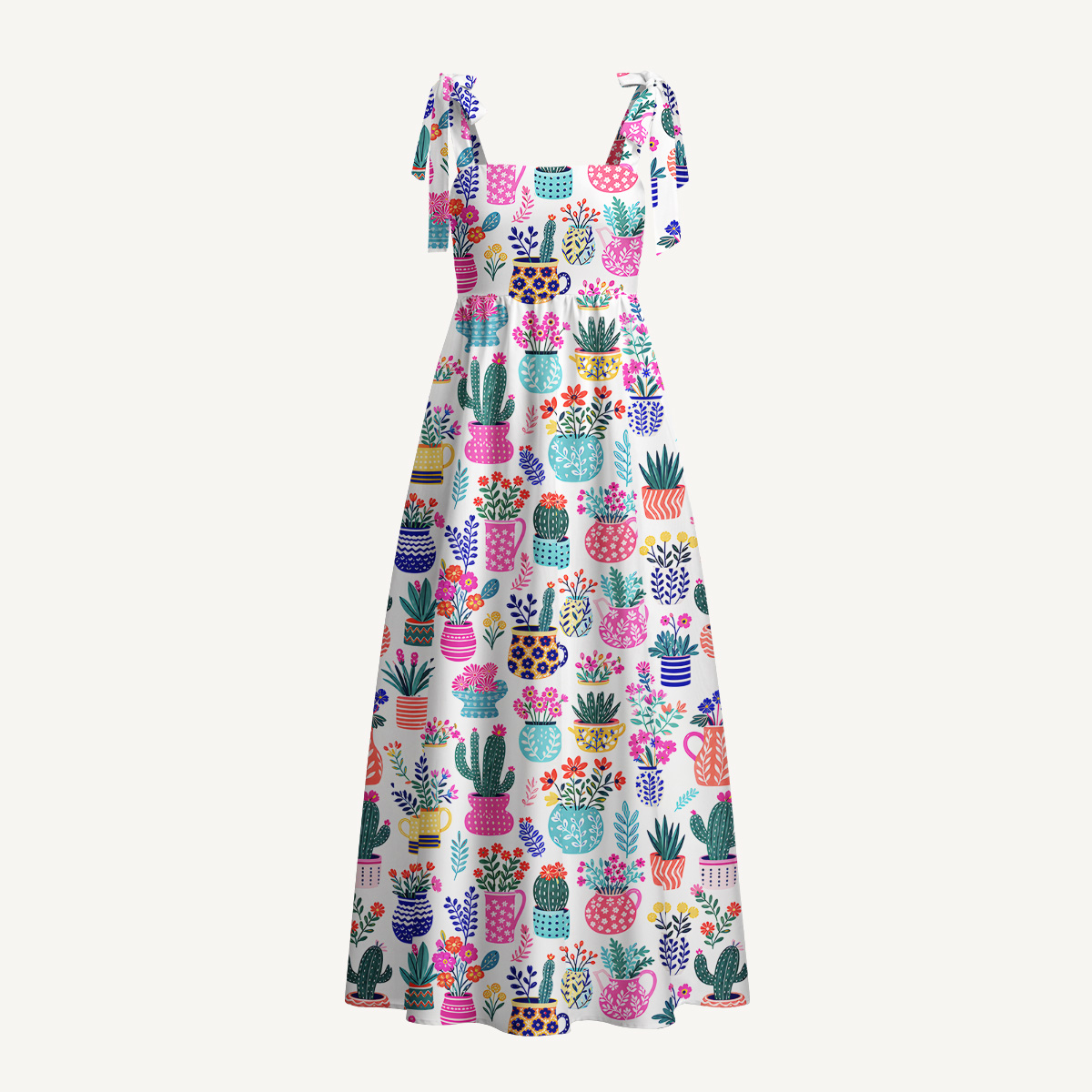 Cactus and Flowers Print Bow Strap Maxi Dress