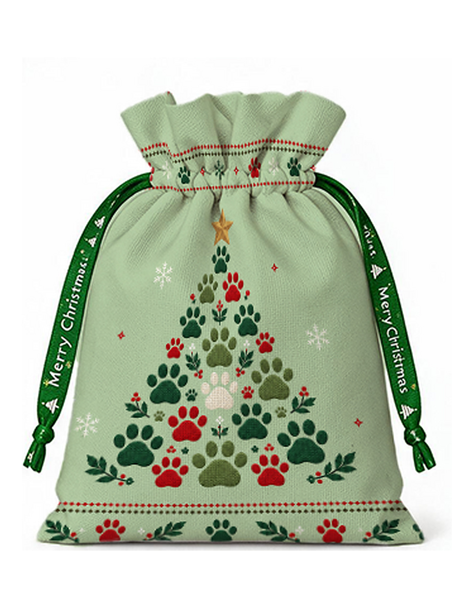 Cat Paw Print Christmas Tree Reusable Drawstring Gift Bag