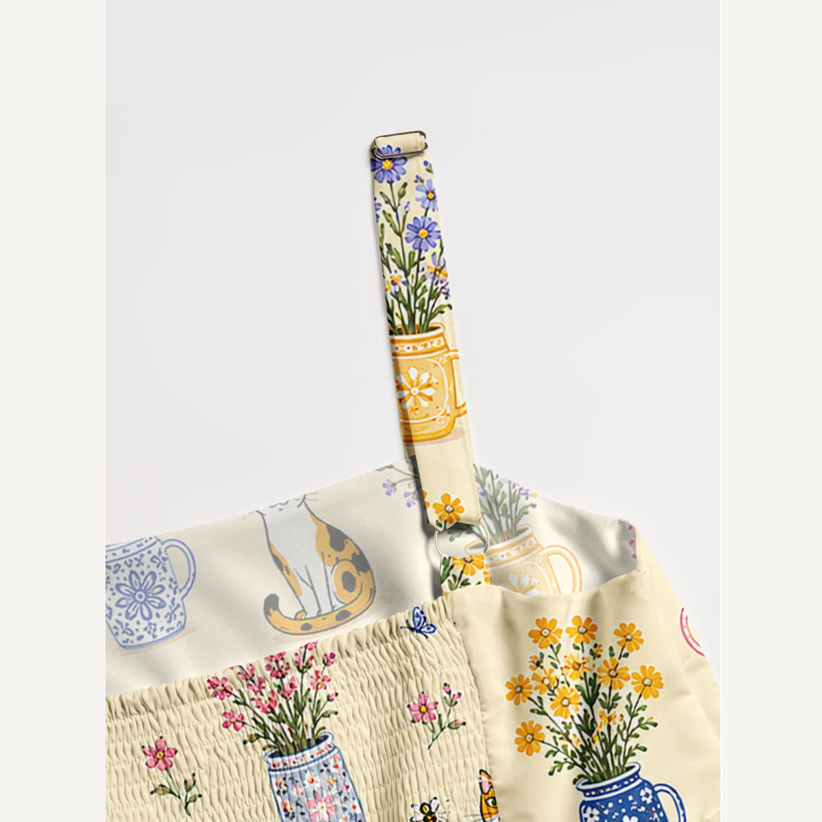 Vintage Floral Cats Print Wide Straps Maxi Dress With Pockets
