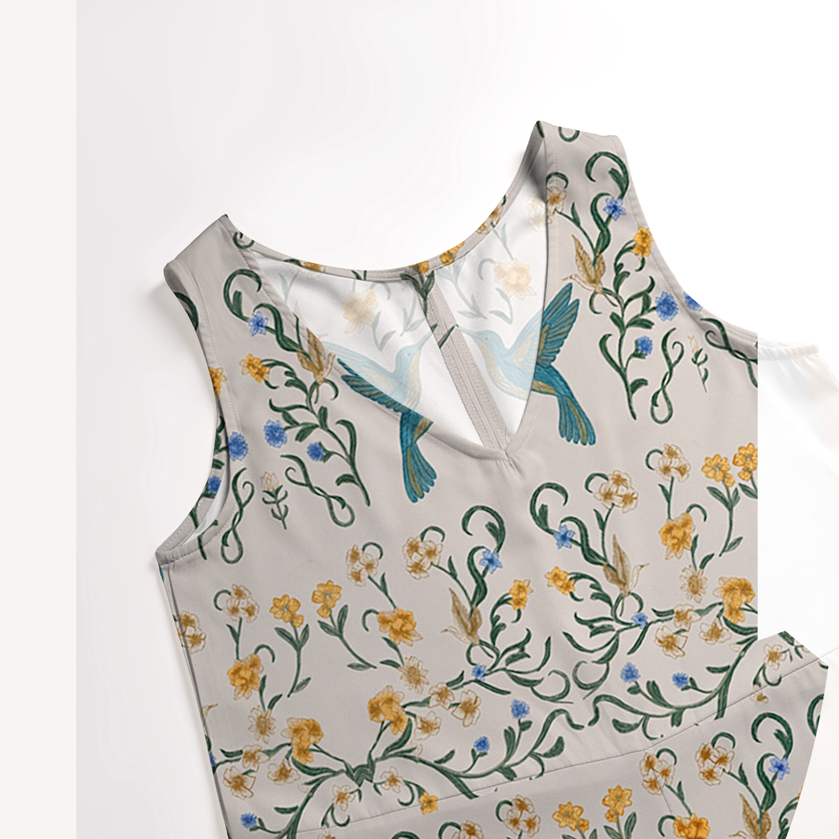 V-Neck Whispering Hummingbird Boho Jumpsuit with Pockets for Women