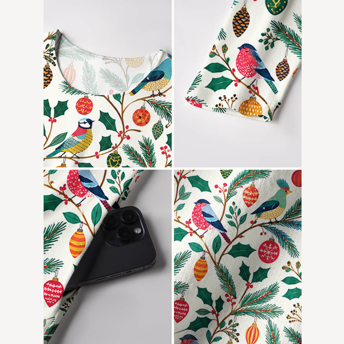 Christmas Birds & Ornaments Print Soft-Touch Stretch Knit Long Sleeve Maxi Dress with Pockets