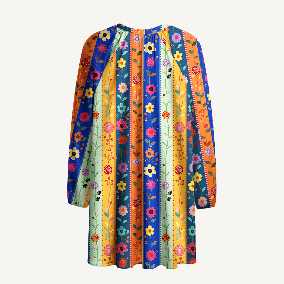 Rainbow Garden Colorblock Print Boho Tie‑Neck Smock Mini Dress