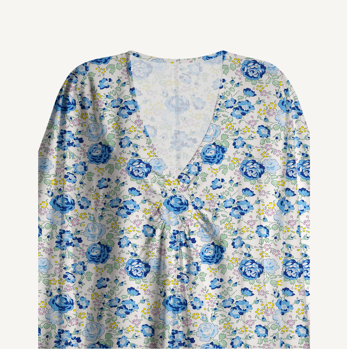  V‑Neck Blue Rose Floral Kimono Sleeve Kaftan Dress