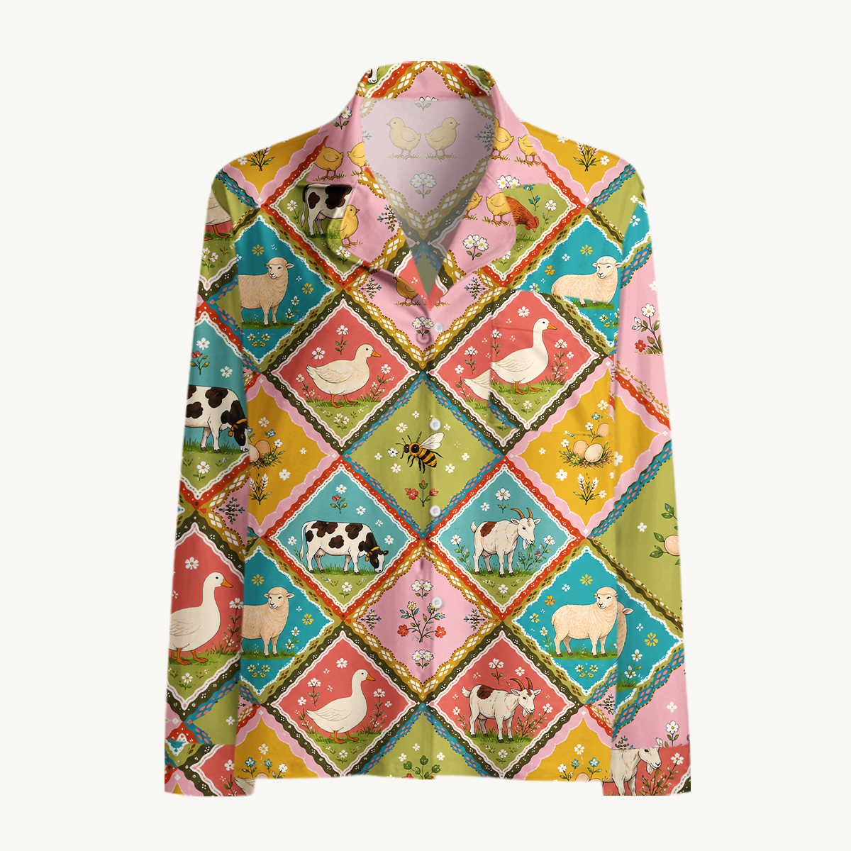 Cozy Countryside Farm Animal Patchwork Long Pajama Set 