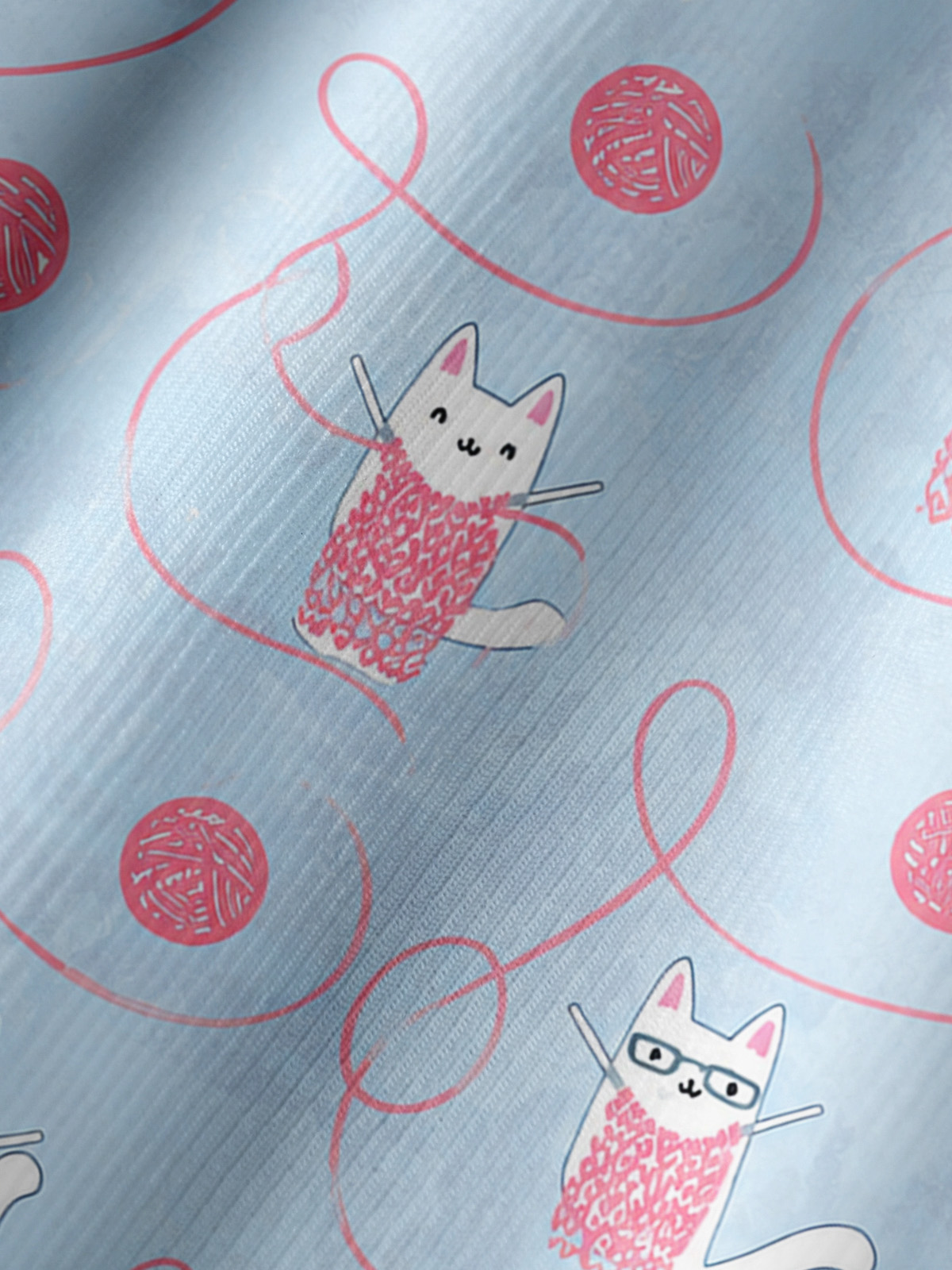Cozy Yarn Basket Cat Print Boho Long Sleeve Tie‑Neck Blouse