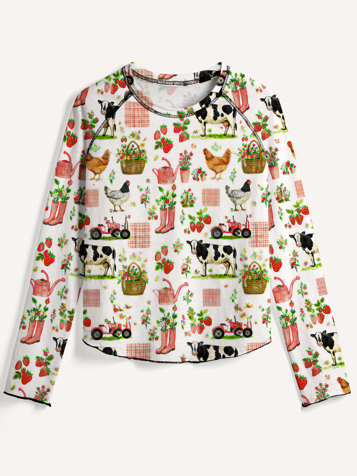 Watercolor Pink Farm Chicken All-Over Print Cotton Raglan Long Sleeve Top