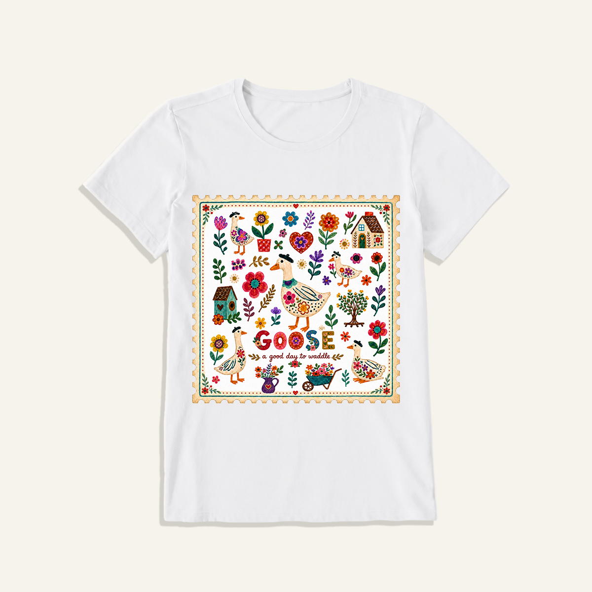 Floral Goose Garden Print Crew Neck Cotton Tee
