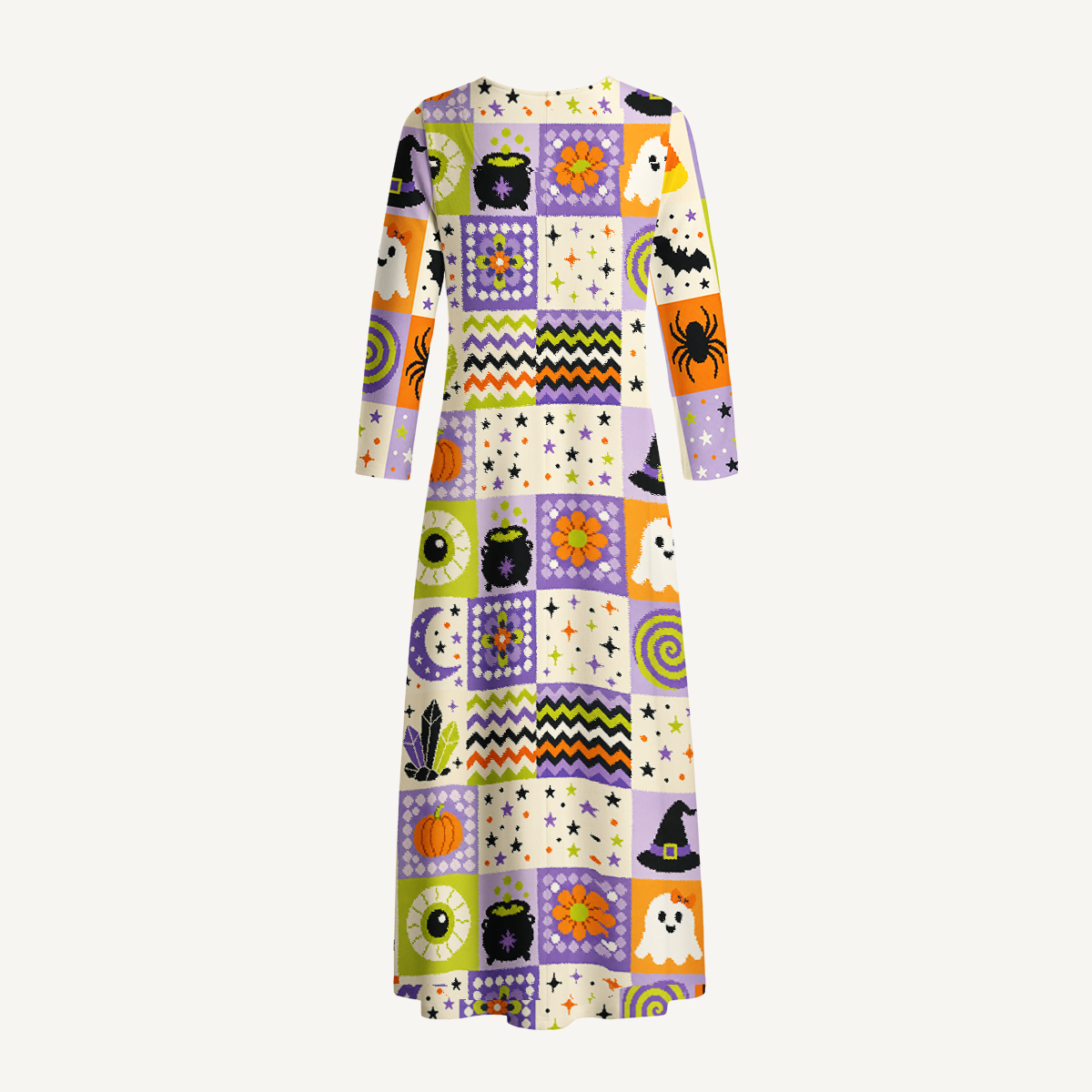 Pixel Halloween Patchwork Print Soft-Touch Stretch Knit Long Sleeve Maxi Dress with Pockets