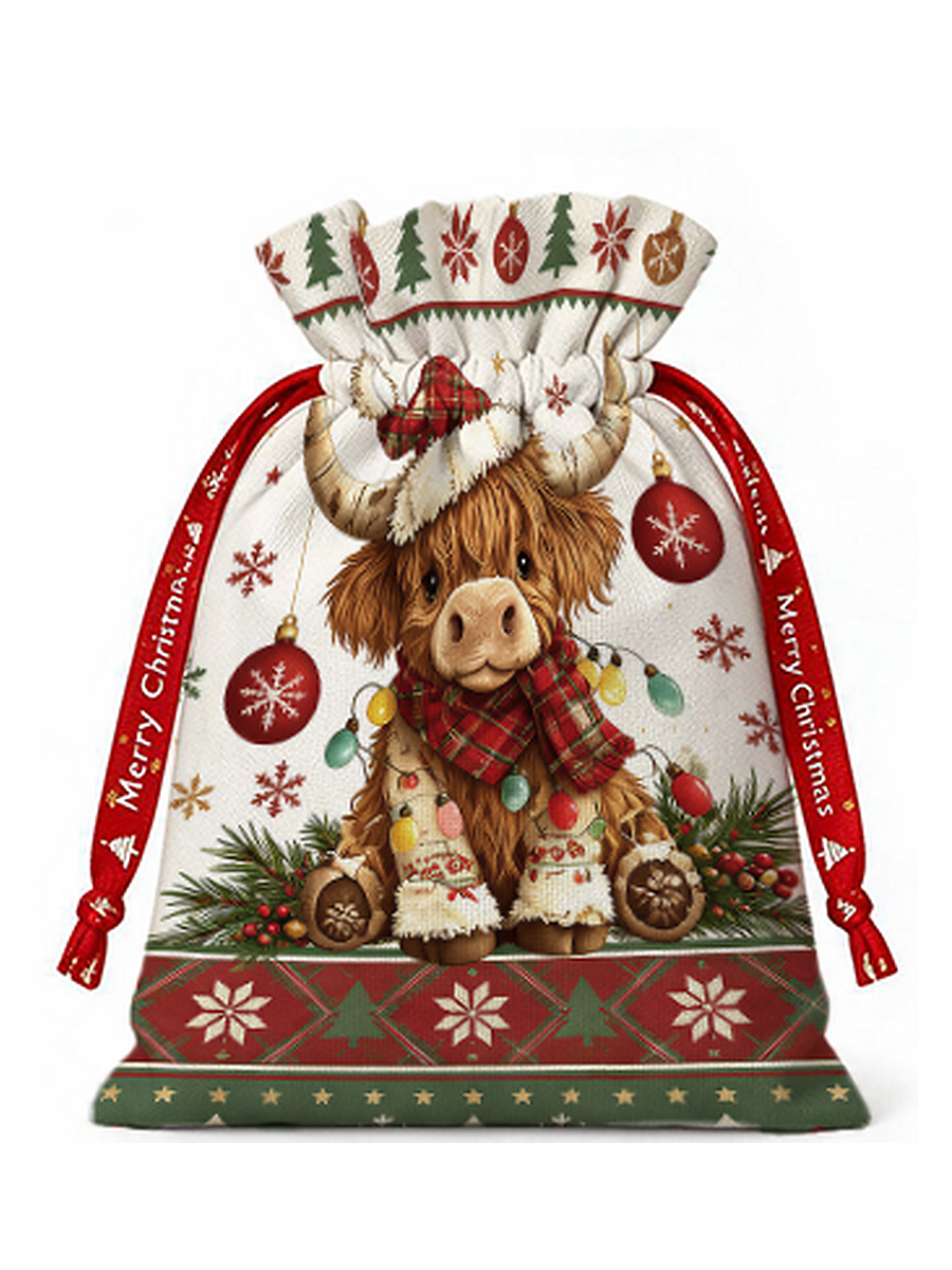 Highland Christmas Cow Reusable Drawstring Gift Bag