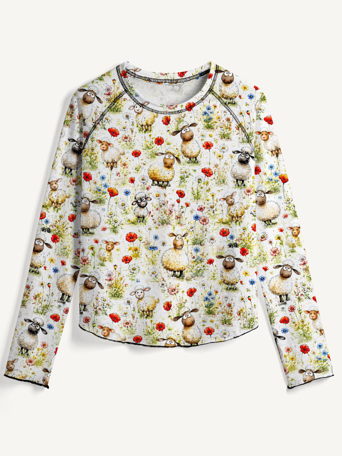 Whimsical Sheep Clipart All-Over Print Cotton Raglan Long Sleeve Top