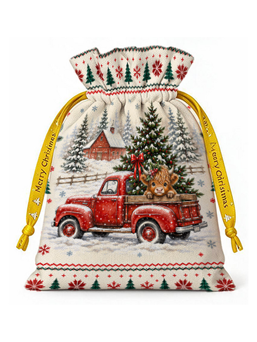 Cozy Christmas Farm Truck Cow Reusable Drawstring Gift Bag