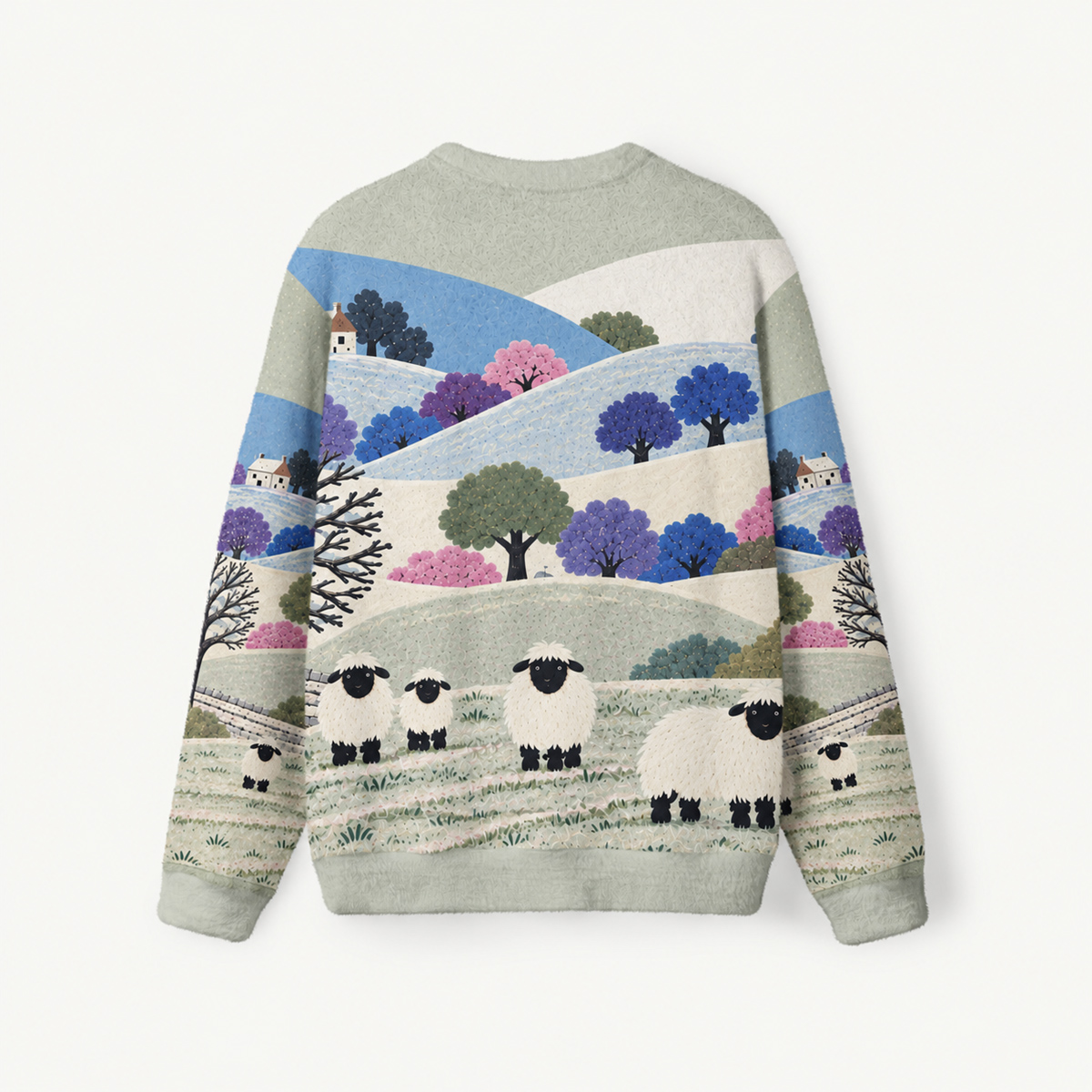 Pastoral Hillside Sheep Fuzzy Crewneck Sweater