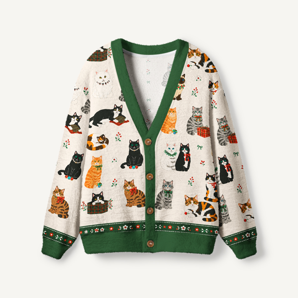 Sweet Festive Kitten Garden Print Ugly Cardigan Sweaters