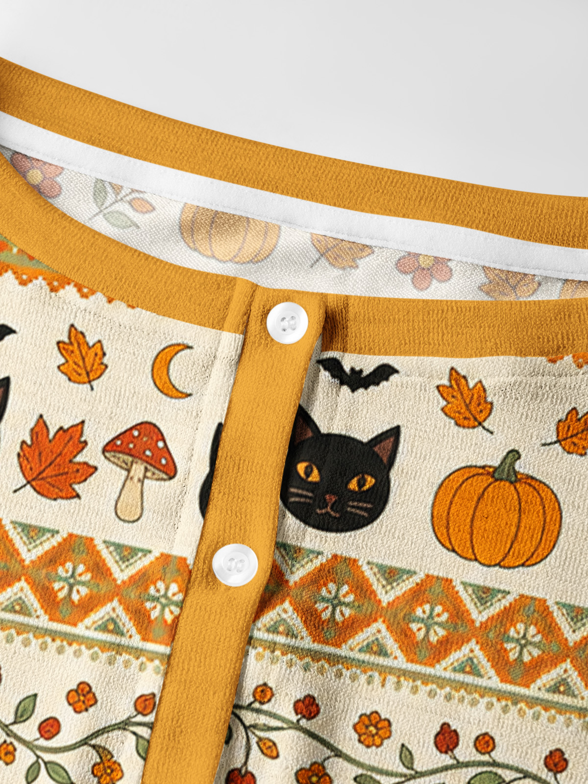 Lightweight Crew Neck Long‑Sleeve Cropped Autumn Fair Isle Pumpkin & Black Cat Print Fine‑Knit Cardigan