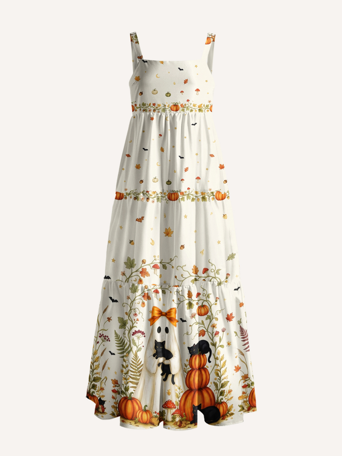 Halloween Pumpkin Black Cat Ghost Print Wide Straps Maxi Dress With Pockets