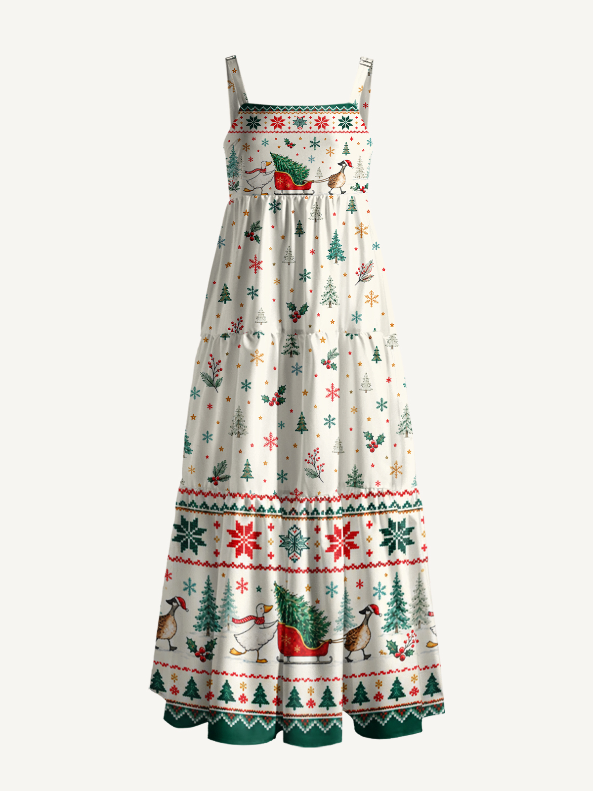 Christmas Duck Sleigh & Pine Tree Print Wide Straps Maxi Dress With Pockets