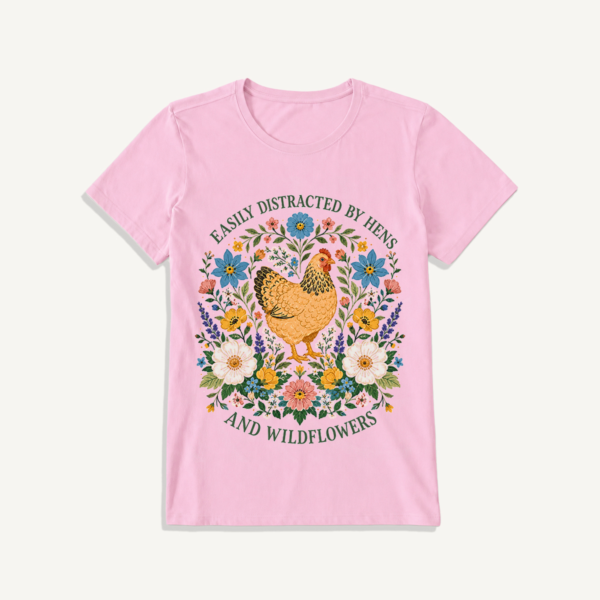 Hen and Wildflowers Cottage Print Crew Neck Cotton Tee