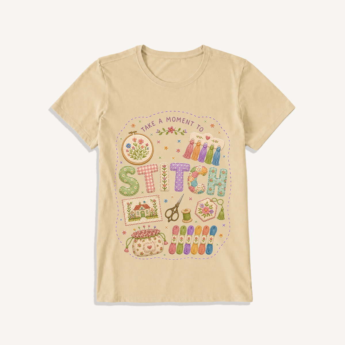Stitching Elements Print Crew Neck Cotton Tee