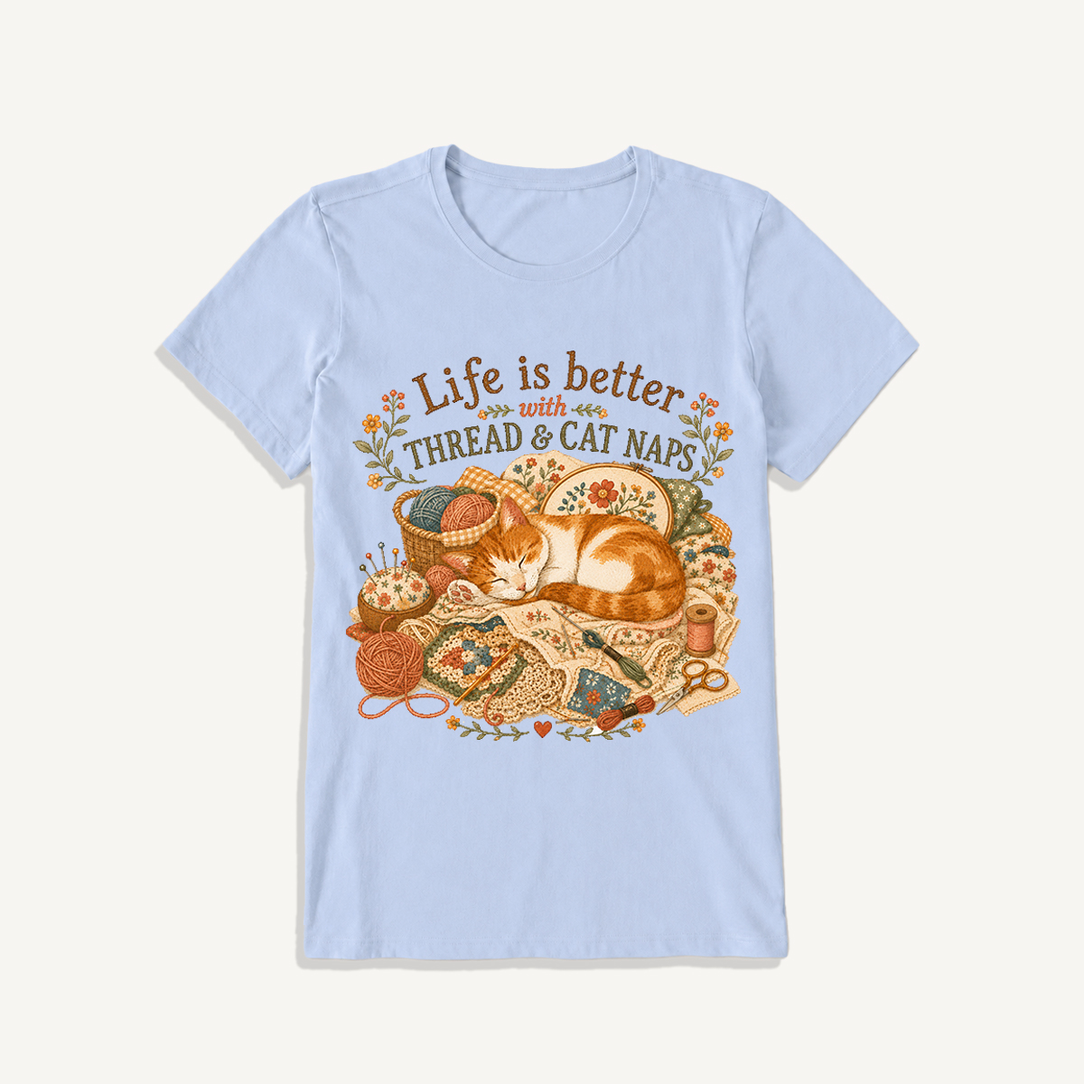 Thread and Cat Naps Print Crew Neck Cotton Tee