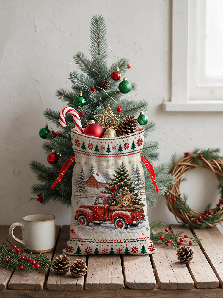 Cozy Christmas Farm Truck Cow Reusable Drawstring Gift Bag