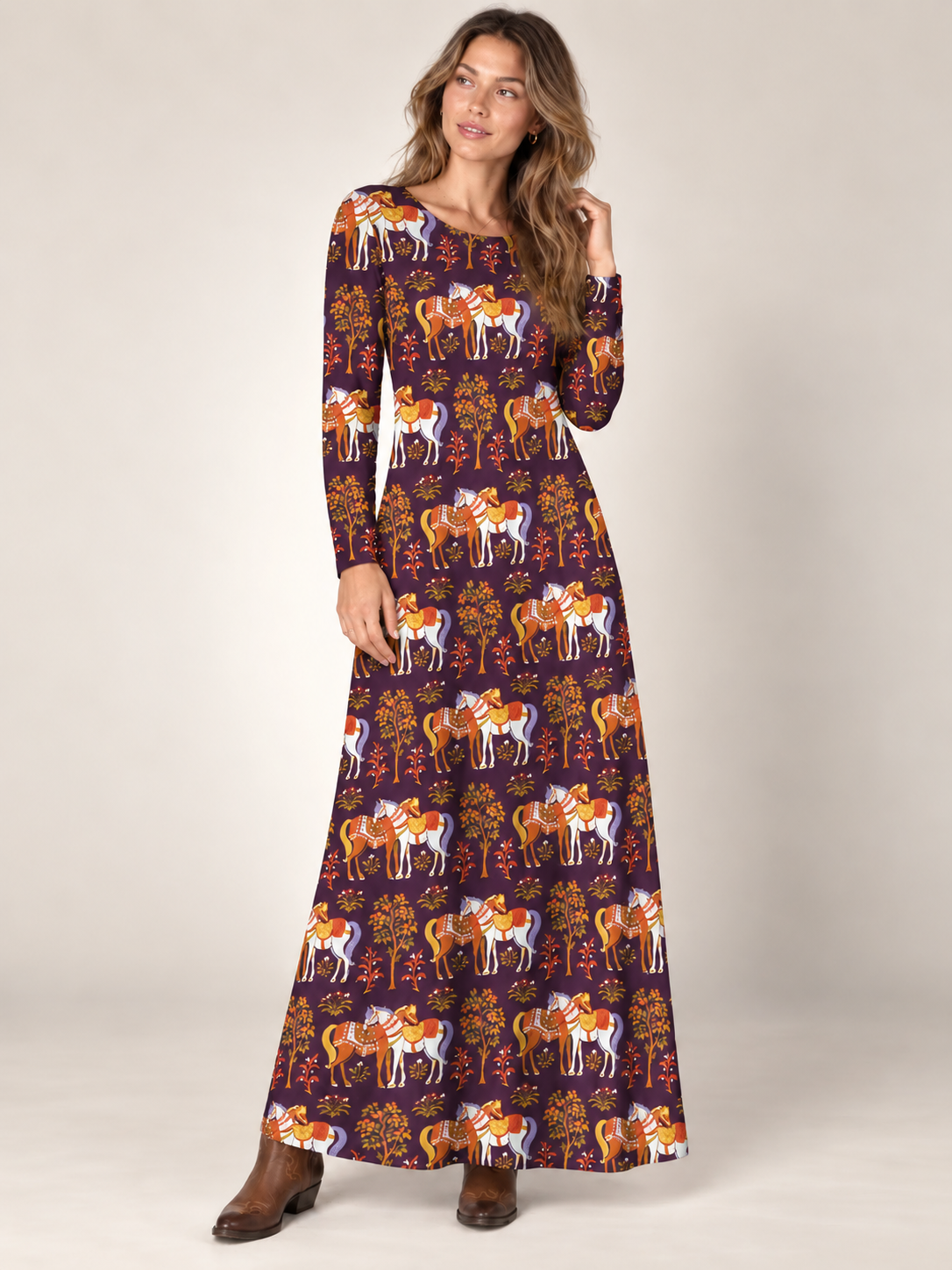 Bohemian Equestrian Horse Long Sleeve Maxi Dress with Pockets